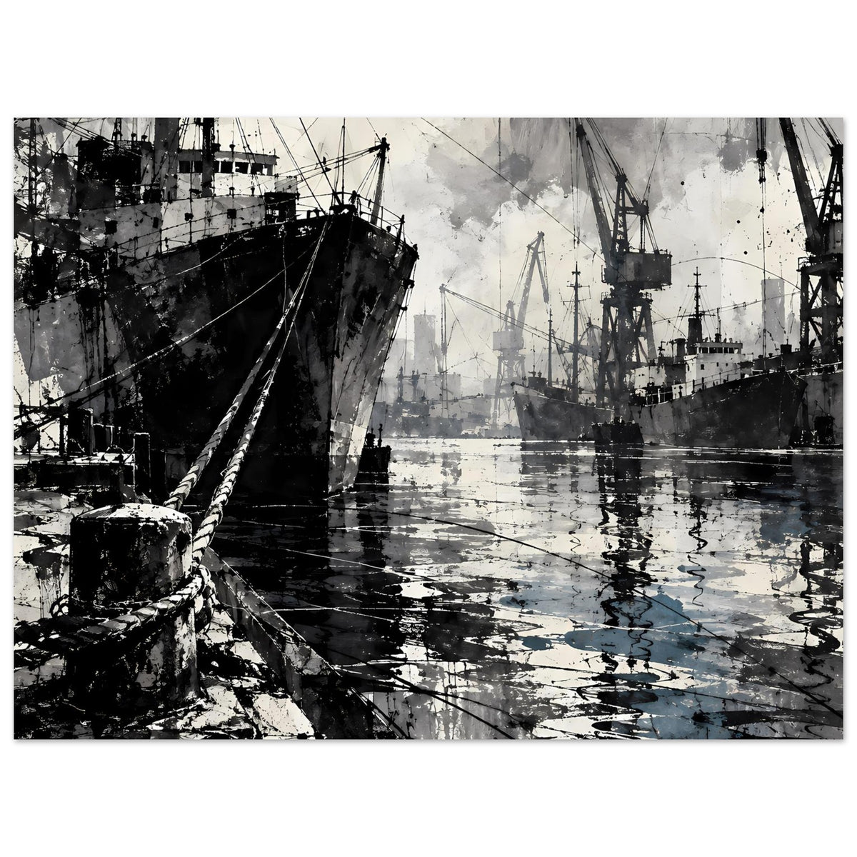 Maritimes Poster mit Containerschiff, Hafenkränen und reflektierendem Wasser, Schwarzblau