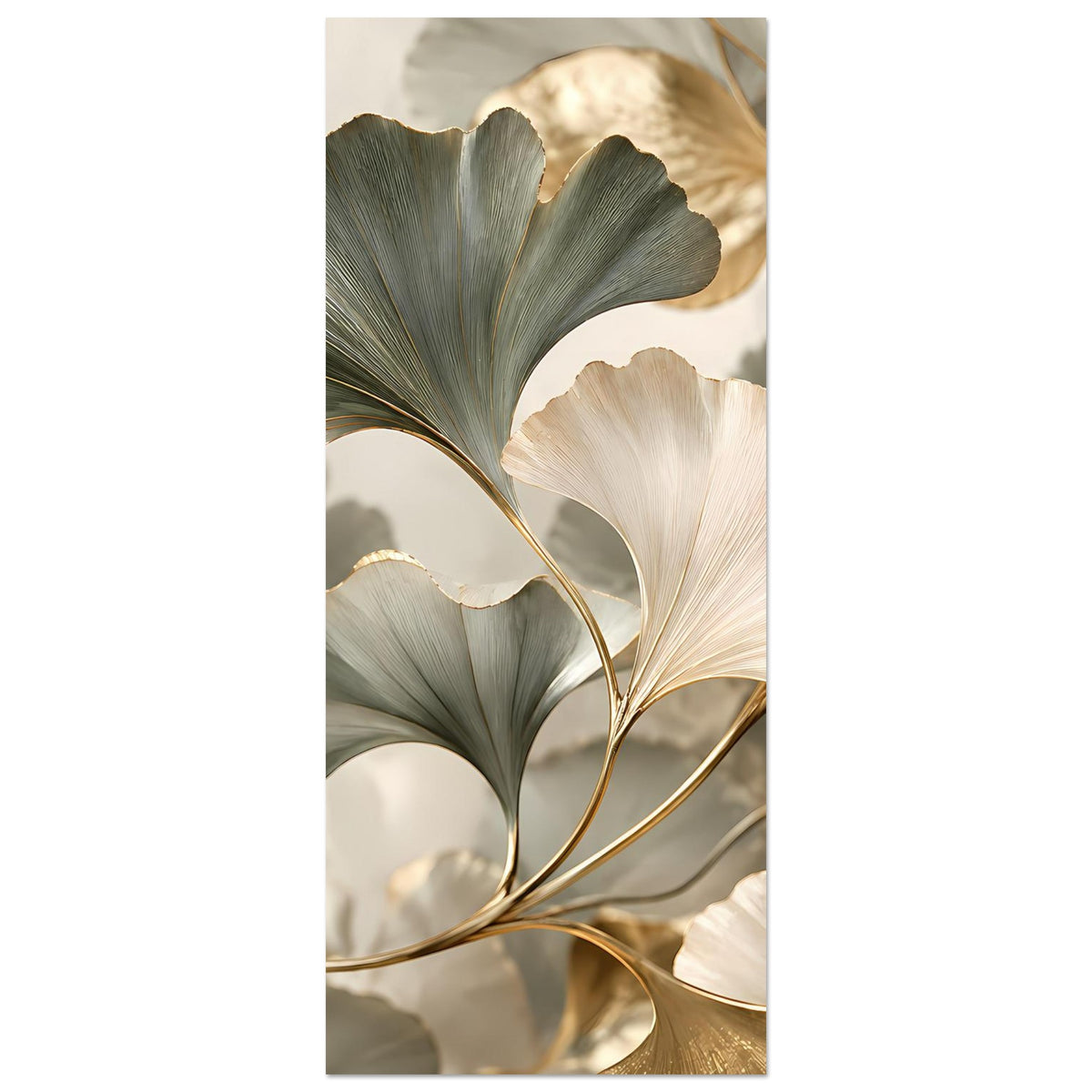 Schmales Hochkant-Poster mit Ginkgo-Blättern in Grau-Grün, Creme und Goldakzenten