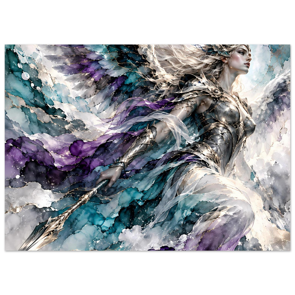 Fantasy-Poster mit Kriegerengel, großes Flügelmotiv in Blau-, Violett- und Silbertönen