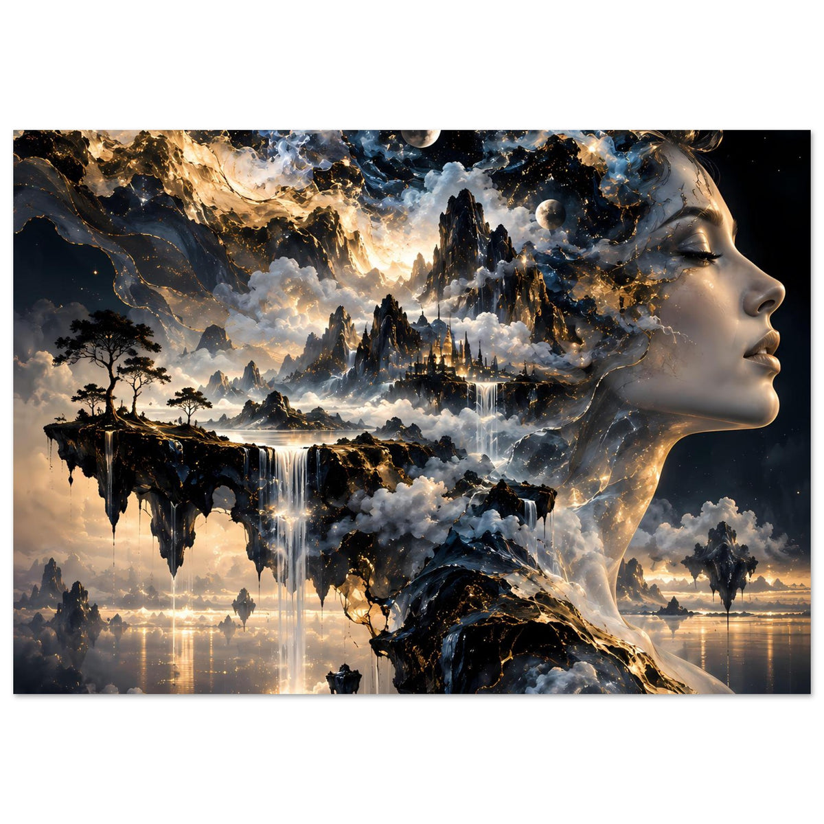 Surrealistisches Poster mit kosmischem Profilgesicht, Sternen, Wolken und Wasserfällen