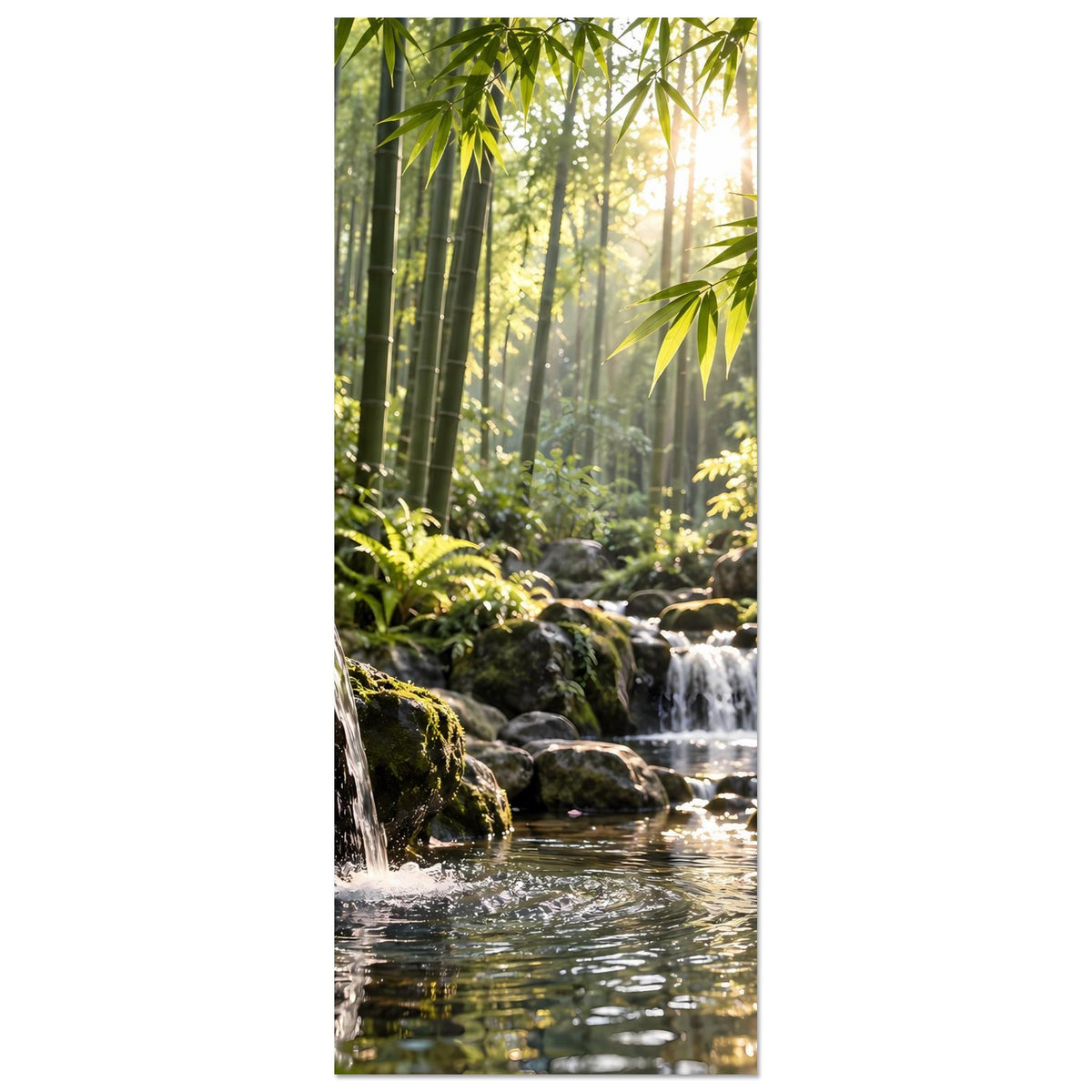 Vertikales Naturposter: Wasserfall und Bach im Bambuswald mit moosigen Steinen