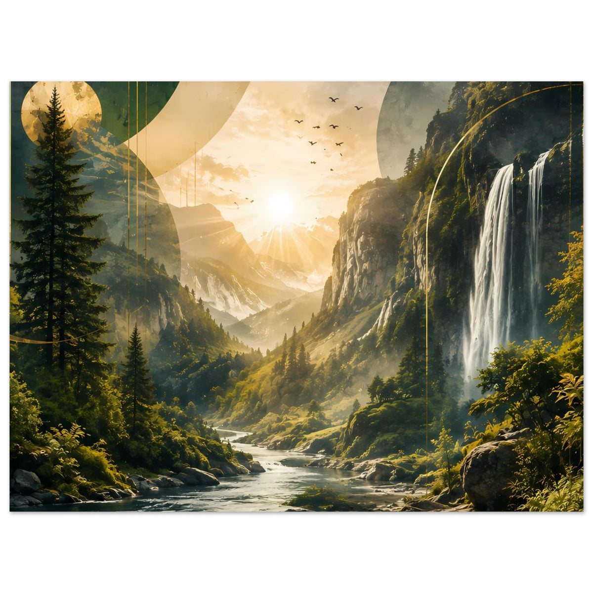 Landschaftsposter (horizontal) mit Wasserfall, Fluss und goldenem Sonnenaufgang im Bergtal