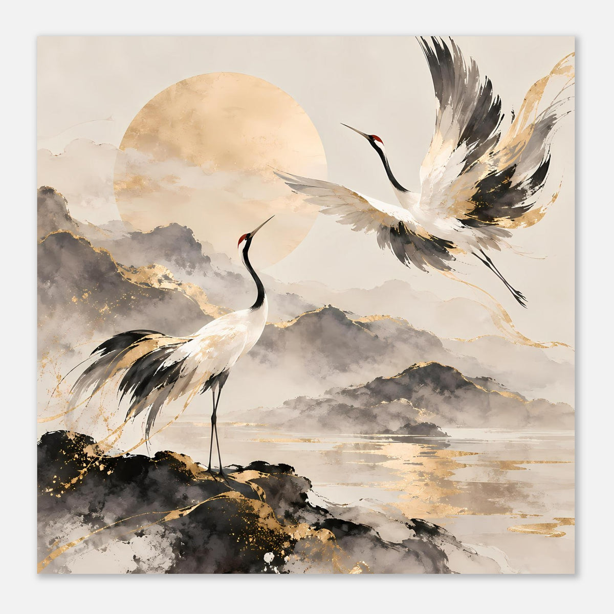 Quadratisches Poster mit Kranichen, Aquarellwolken und goldfarbenen Linien im Hintergrund