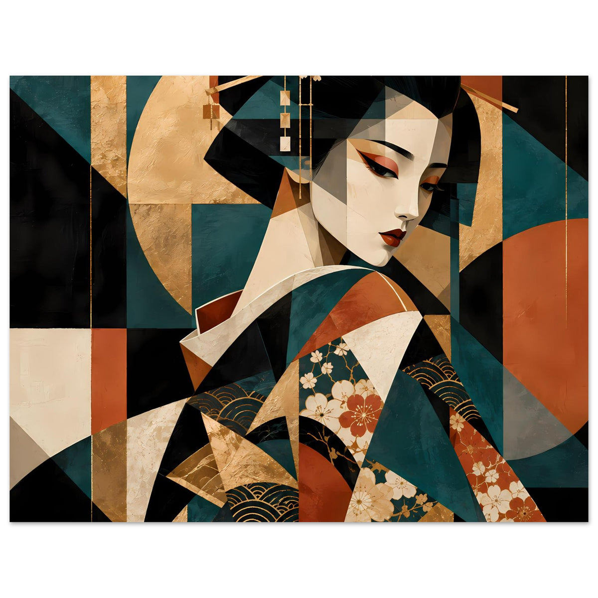 Geisha-Kunstposter horizontal, Geisha-Porträt mit Kimonomuster in Türkis und Gold