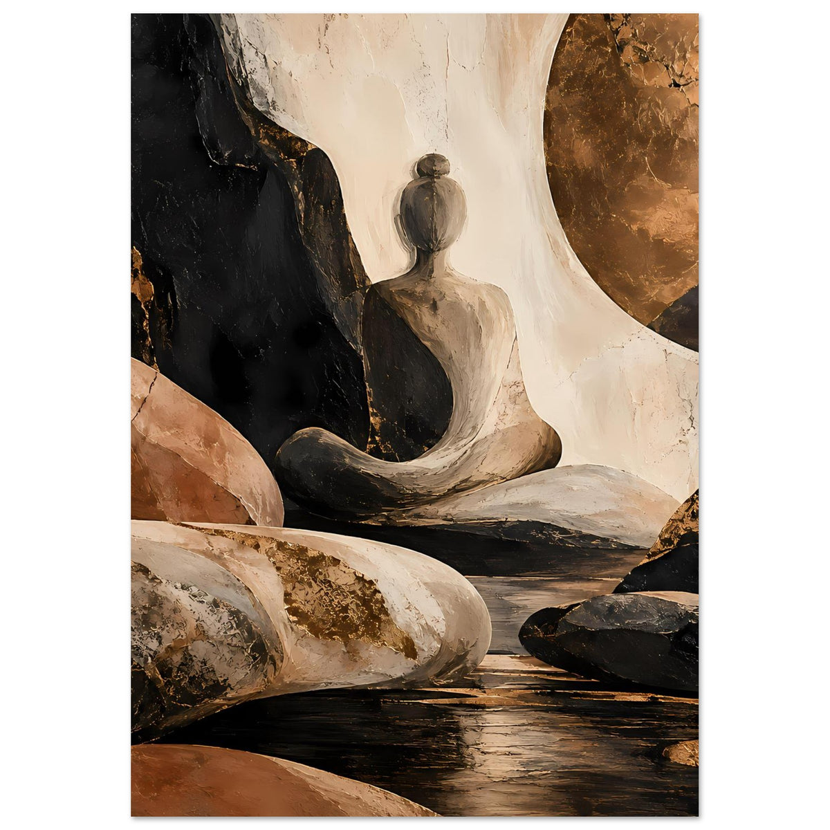Aufrecht gerahmtes Poster mit Meditationsfigur, abstrakte Steine, Creme-, Braun- und Schwarztöne