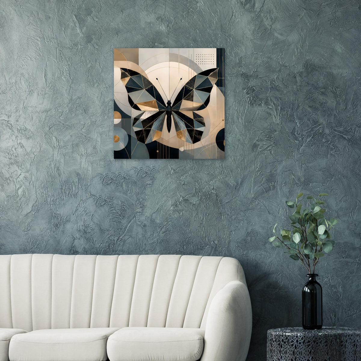 Gerahmtes Poster mit geometrischem Schmetterling, Petrolblau und goldene Akzente
