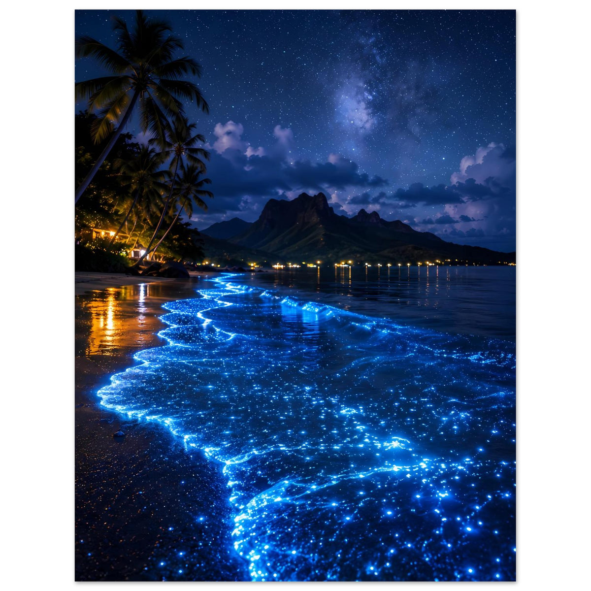 Hochformat-Poster mit Strandansicht: blau glitzernde Biolumineszenz, Palmen, dunkles Meer