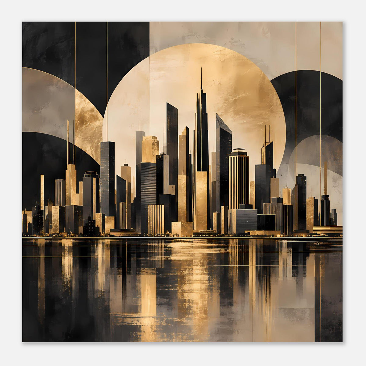Stadtposter mit goldener Großstadt-Silhouette, Halbkreis-Hintergrund und Wasserreflexion