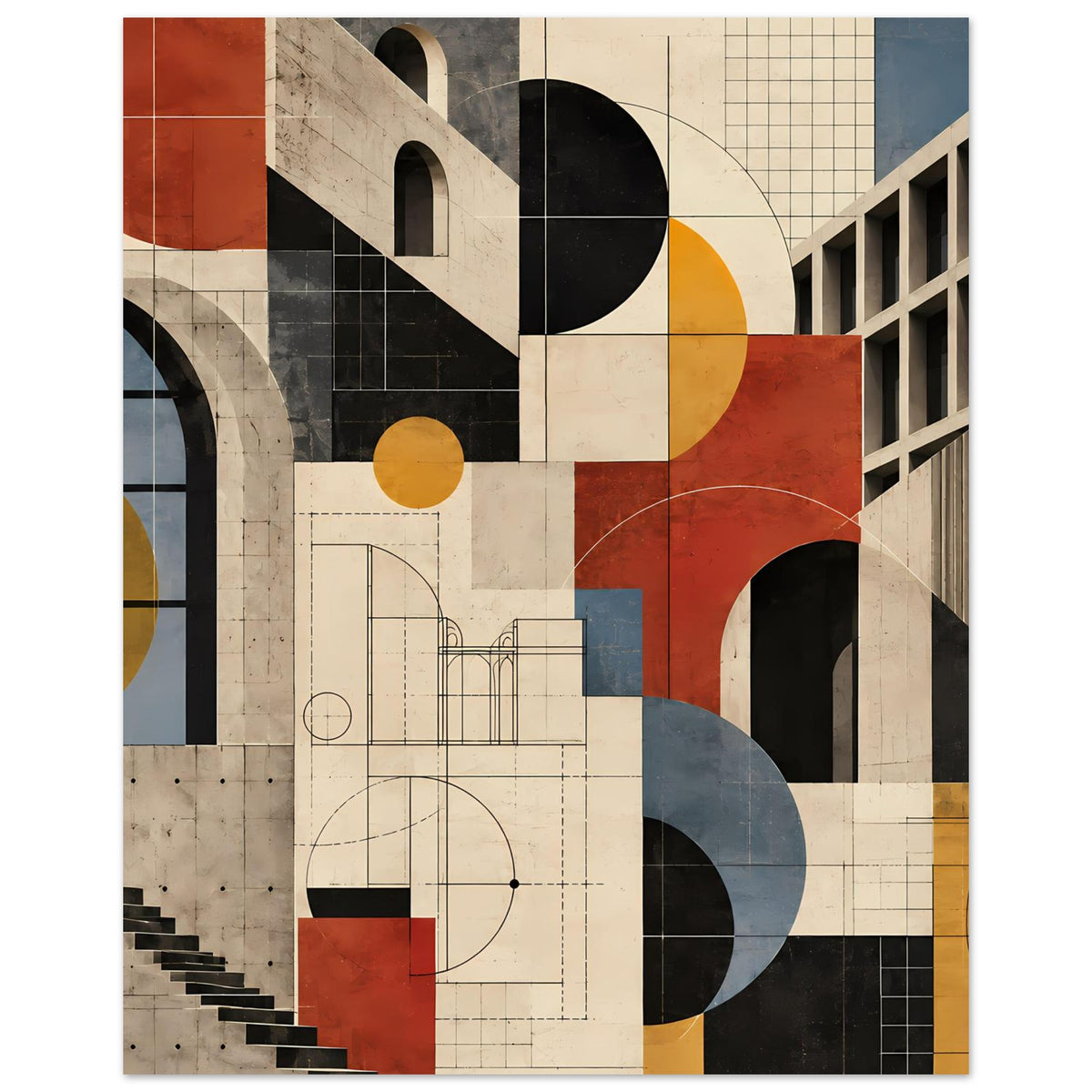 Kunstposter mit geometrischer Komposition aus Bögen, Kreisen und Rasterlinien in Beige