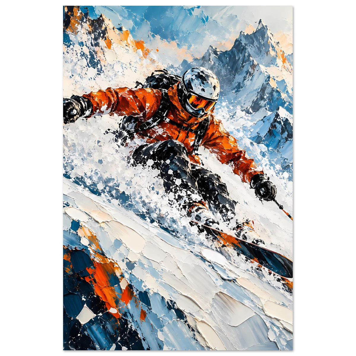 Wintersport-Poster im Hochformat: Skifahrer in Orange bei rascher Abfahrt