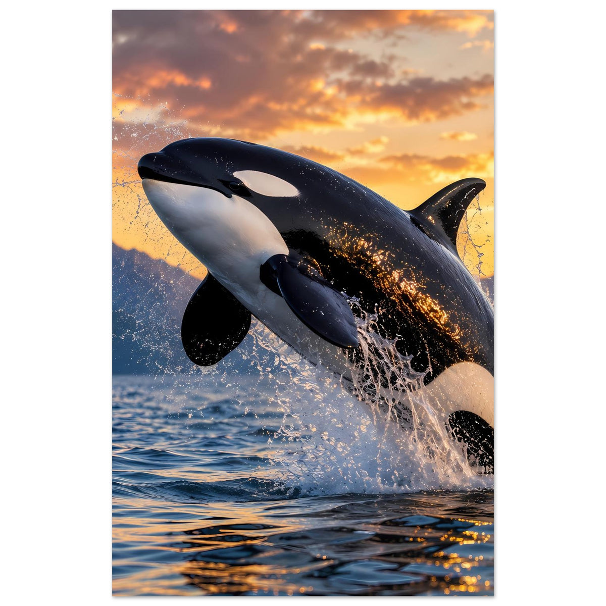 Poster mit Orca im Sprung, großes Motiv mit Spritzwasser, dunkle Flosse und helles Auge.