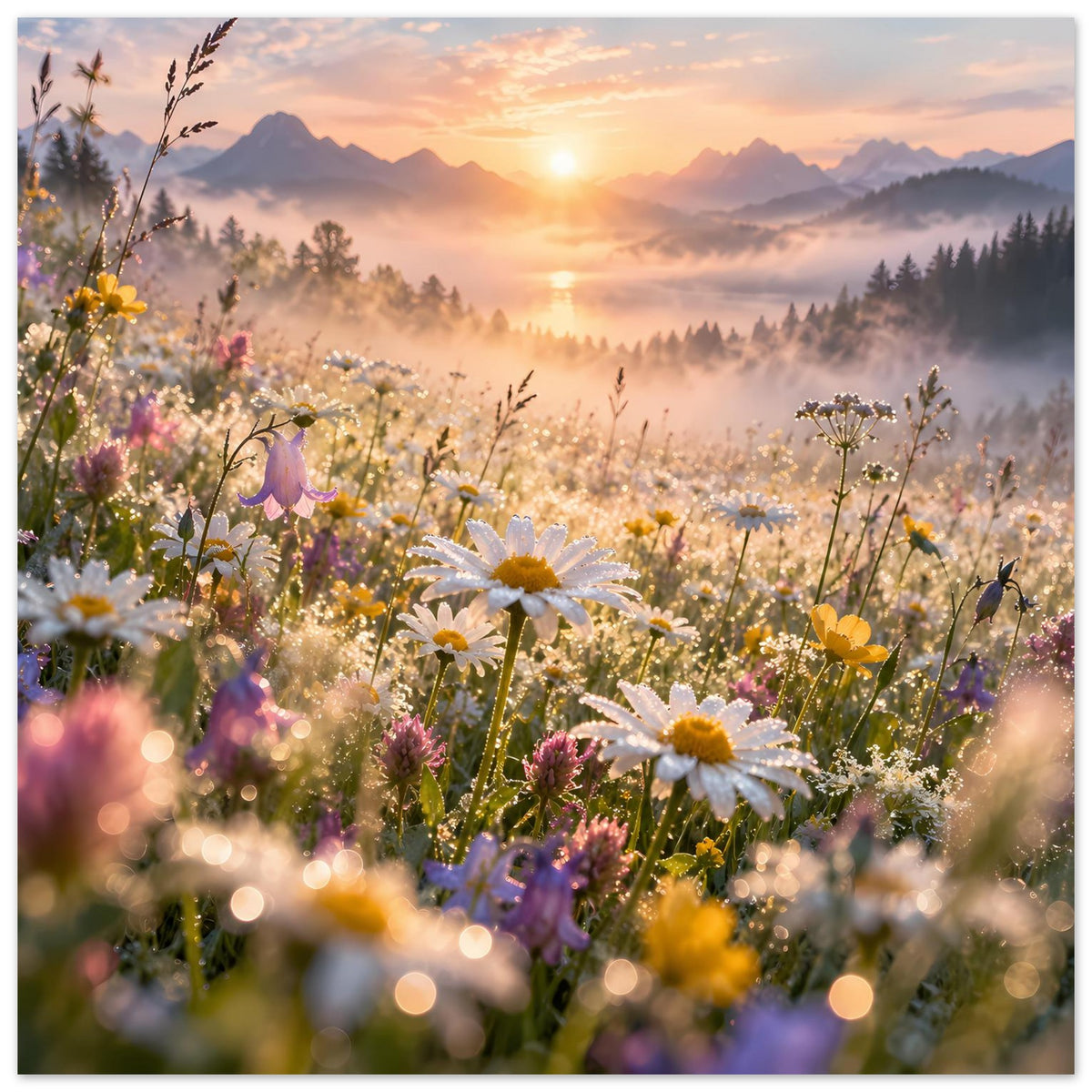 Blumenwiesen-Poster mit Wildblumen und Gänseblümchen, Sonnenaufgang über dem Tal.