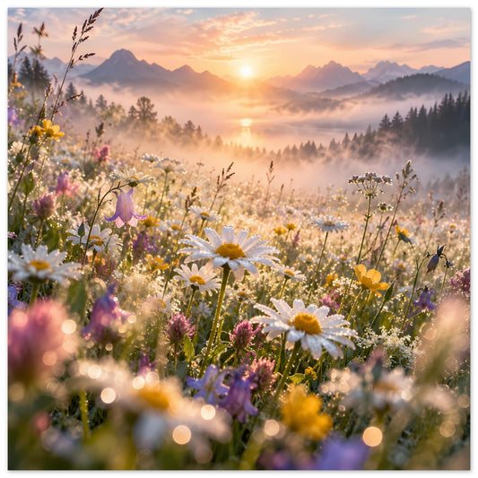 Blumenwiesen-Poster mit Wildblumen und Gänseblümchen, Sonnenaufgang über dem Tal.