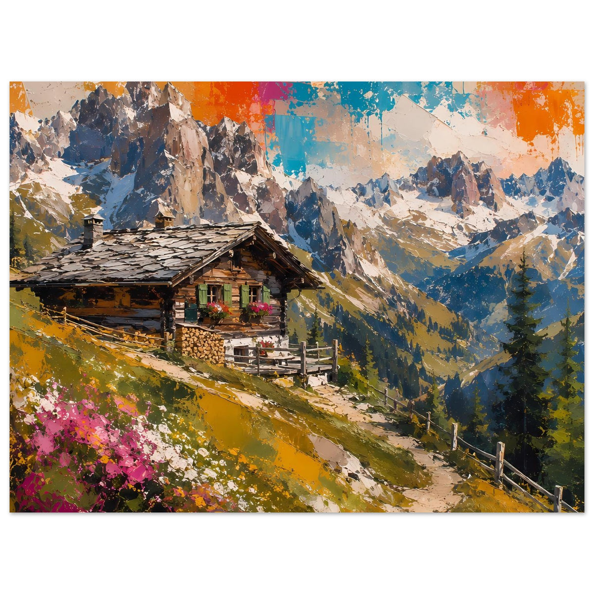 Wandposter mit Holz-Berghütte, buntem Himmel aus Farbflecken, Täler, Felsen und Bäume