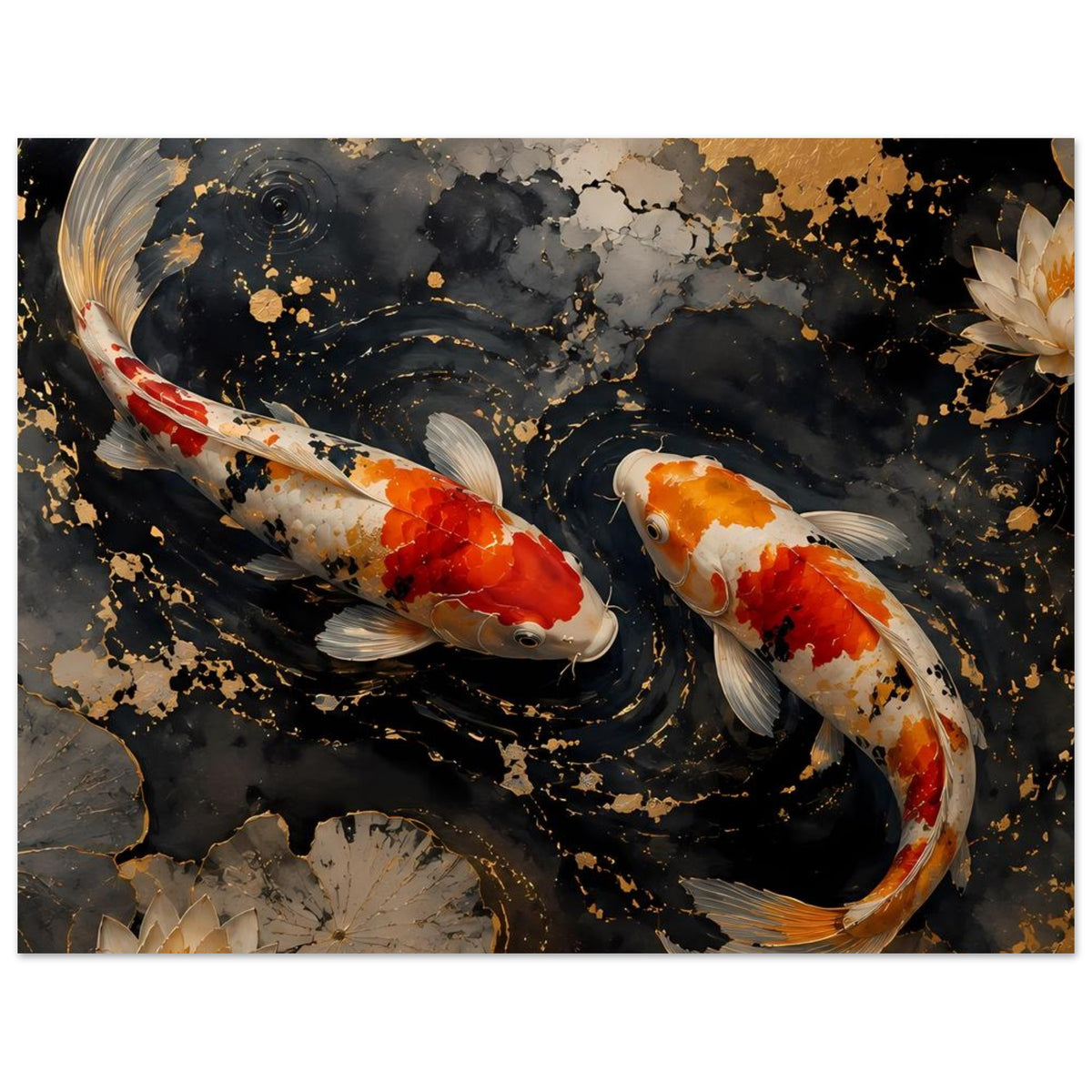 Hochformatiges Koi-Karpfen-Poster mit zwei Koi in orange-rot-grauen Farben und goldenen Wirbeln