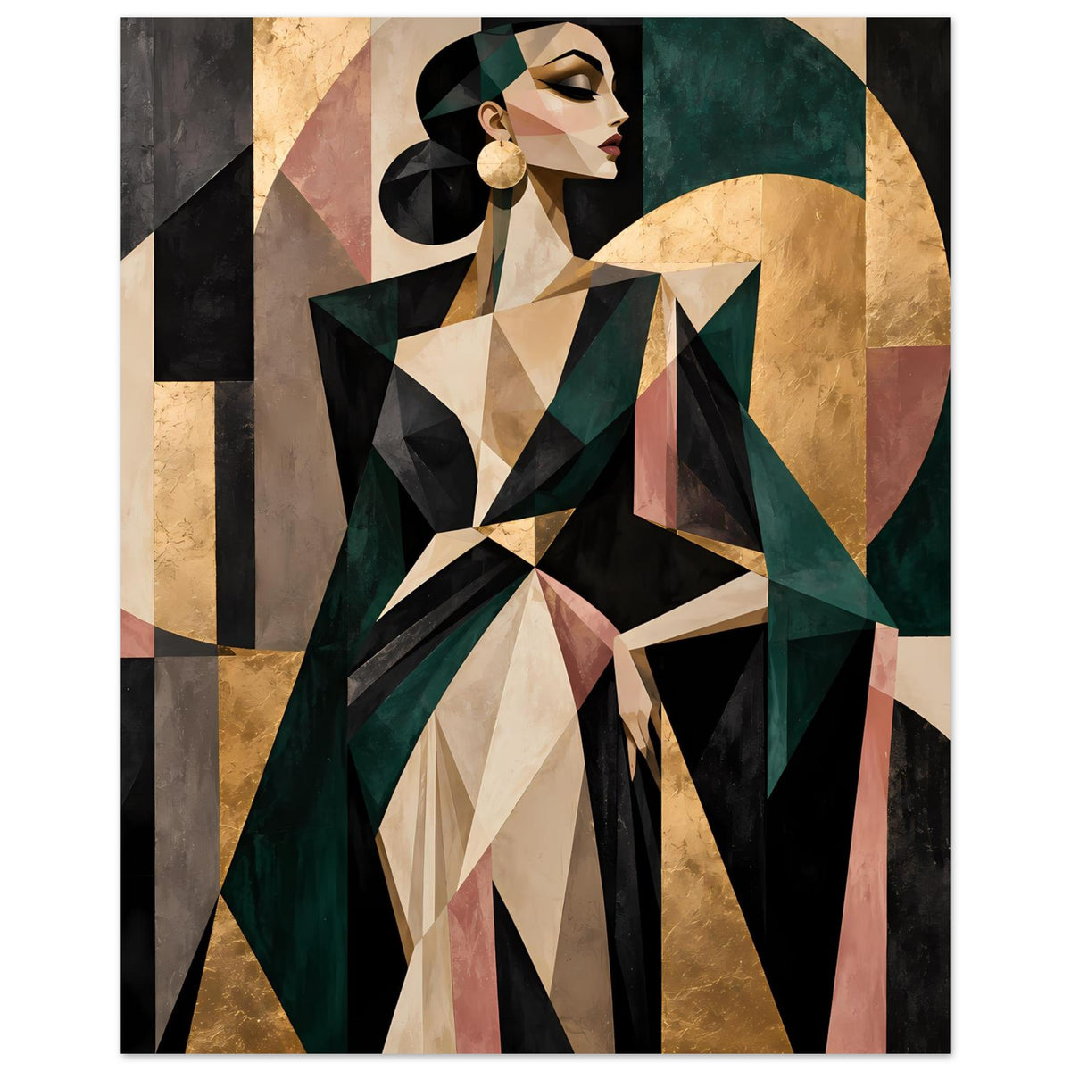 Abstraktes Poster mit geometrischer Frau in Olivgrün, Gold und Rosé