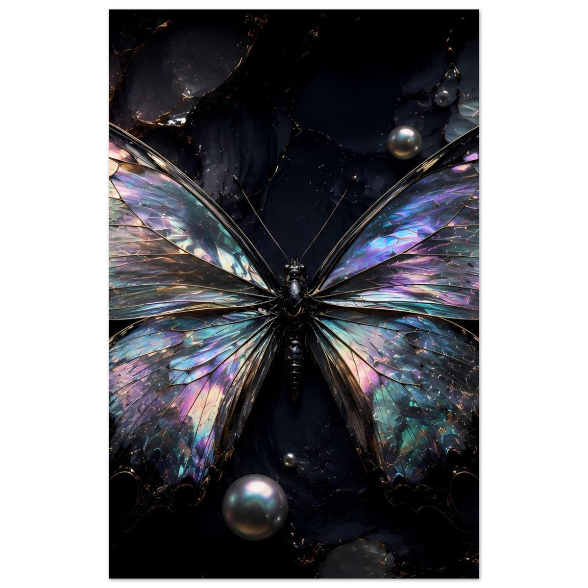 Schmetterling-Poster mit schillernden Flügeln, zentrierter Falterfigur und sichtbaren Flügeladern.