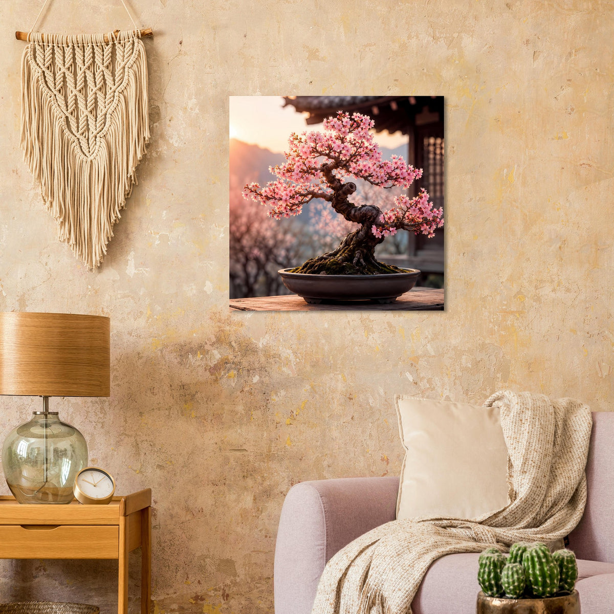 Wandposter mit pinkem Blüten-Bonsai und schwarzer Pflanzschale