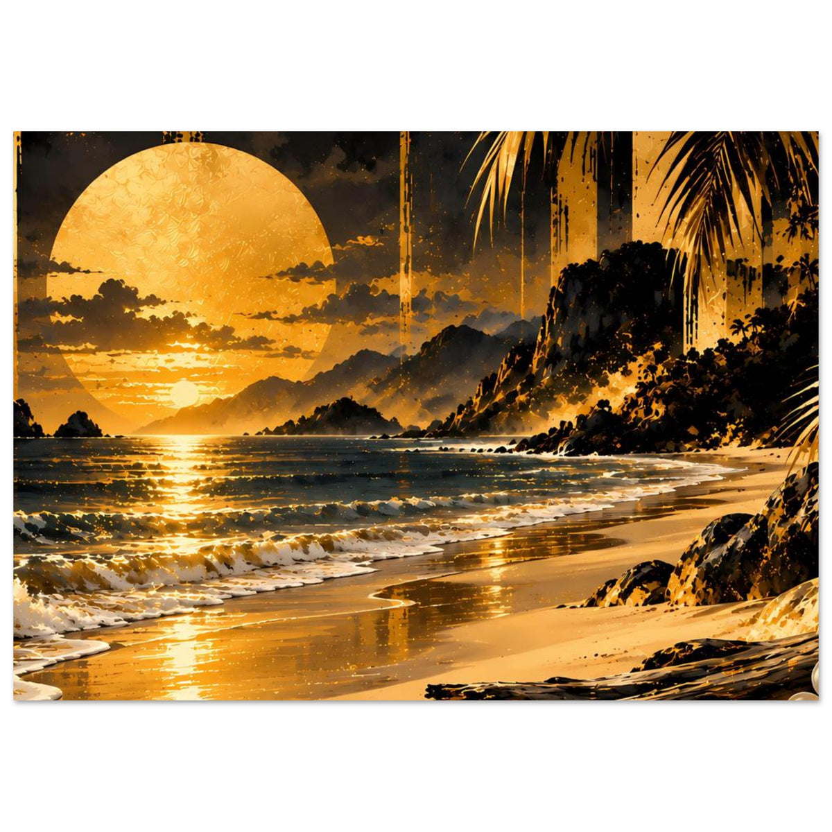 Horizontales Poster: Strandlandschaft bei goldenem Sonnenuntergang, Palmenblätter und Berge.