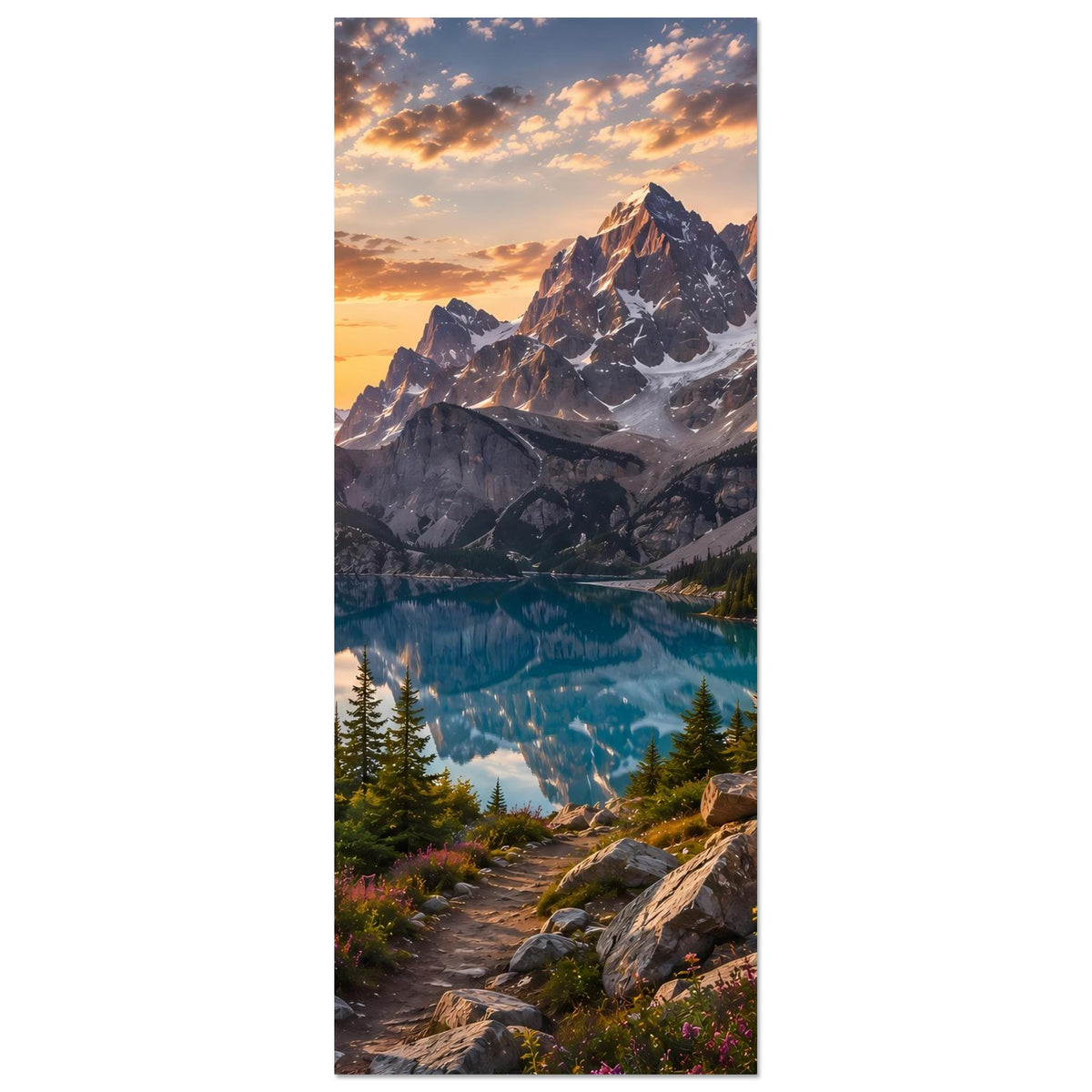 Vertikales Poster mit Blick auf Berge und Bergsee, Wald und Felsblöcke am Ufer