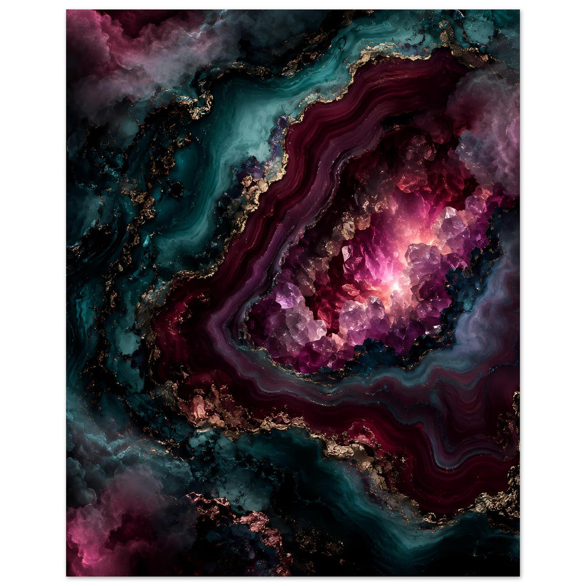Kunstposter im Hochformat mit Amethyst-Geodenmuster, lila und türkis, goldene Akzente