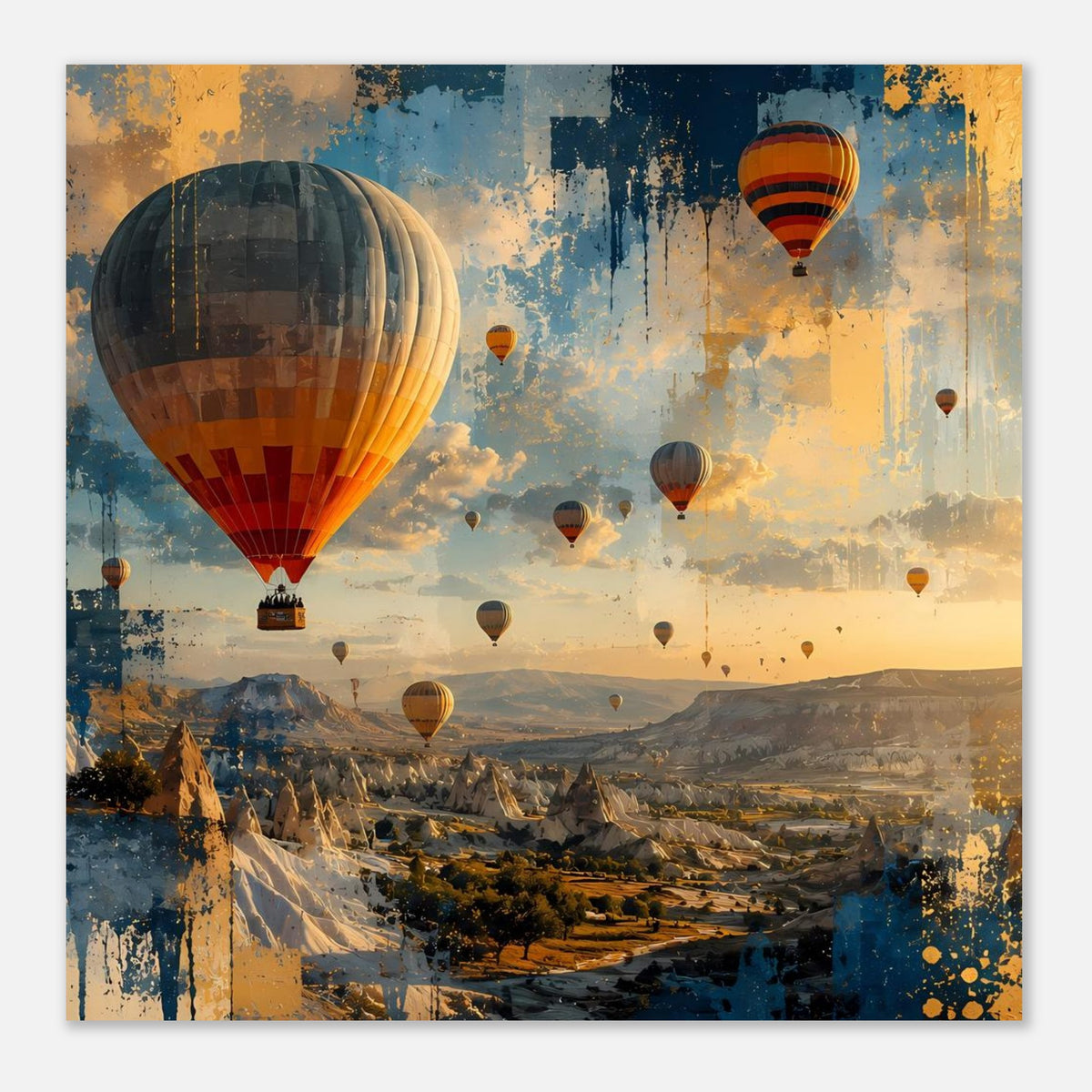 Kunstdruck im Nahblick: Heißluftballons über Landschaft, blau-orangefarbene Spritzer