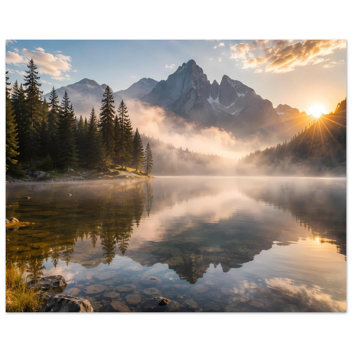 Querformatiges Poster mit Bergsee, reflektierendem Wasser und Sonnenstrahlen
