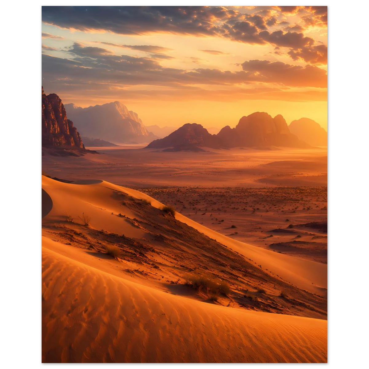 Hochformat-Poster mit Dünenlandschaft und Sonnenuntergang, orange Himmel und Felsberge
