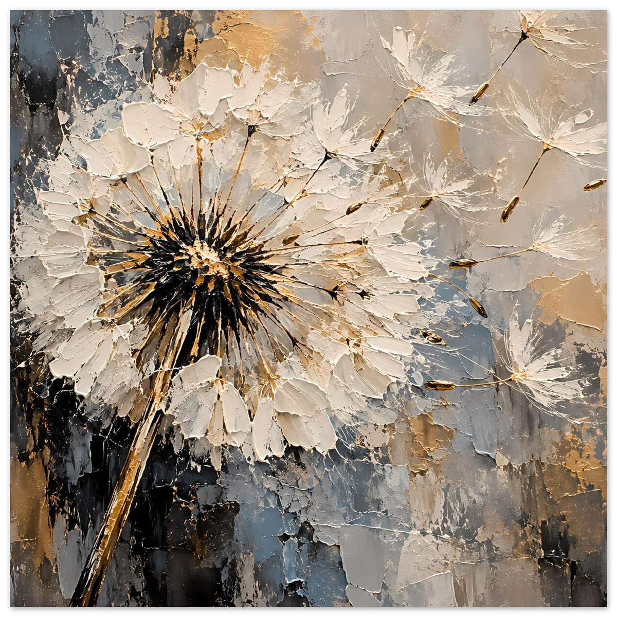 Deko-Poster mit Pusteblume im abstrakten Strukturlook, Beige, Blau, Gold, Querformat