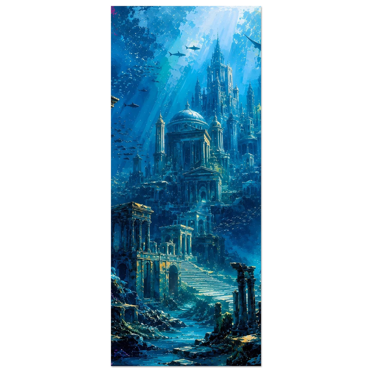 Hochformatiges Poster mit Unterwasserstadt, großes Hauptgebäude im Zentrum