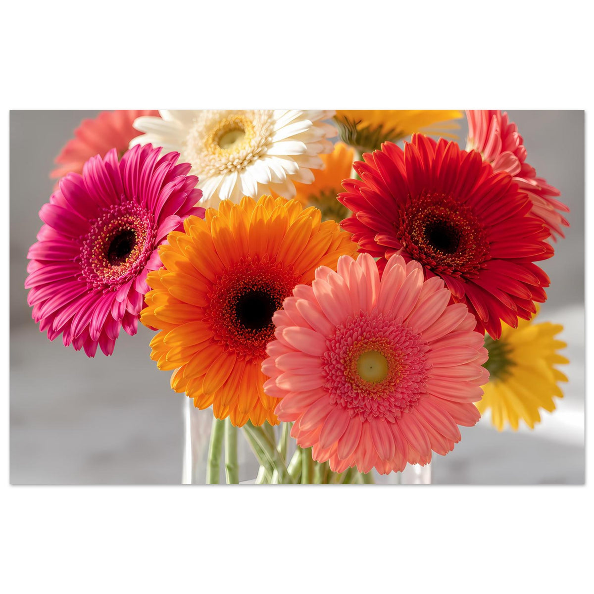 Gerbera-Blumenstrauß-Poster: gelbe, orange, rosa und rote Blüten in Vase auf mattem Papier