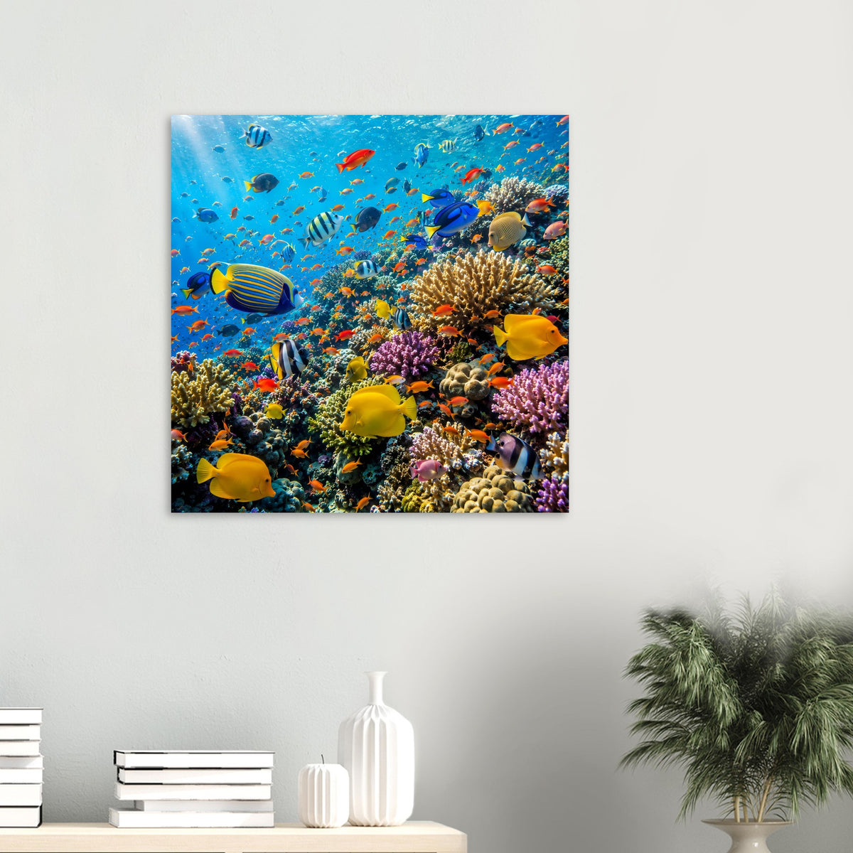 Korallenriff-Poster mit bunten tropischen Fischen im blauen Meer, quadratisch