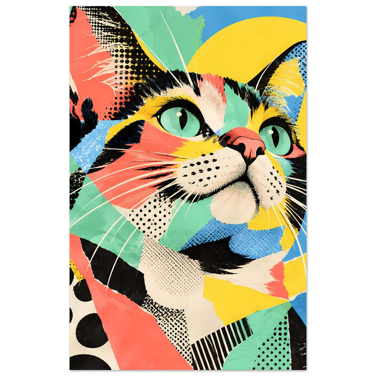 Pop-Art-Katzenposter im Hochformat: Nahaufnahme des Katzenkopfs mit bunten Hintergründen