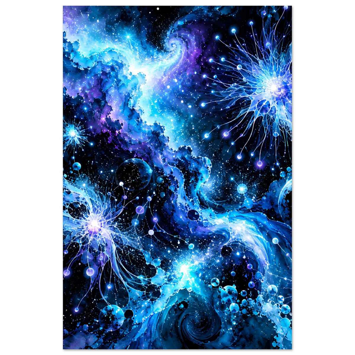 Leuchtendes galaktisches Poster im Hochformat mit blauem Sternenhimmel, Planeten und leuchtenden Partikeln