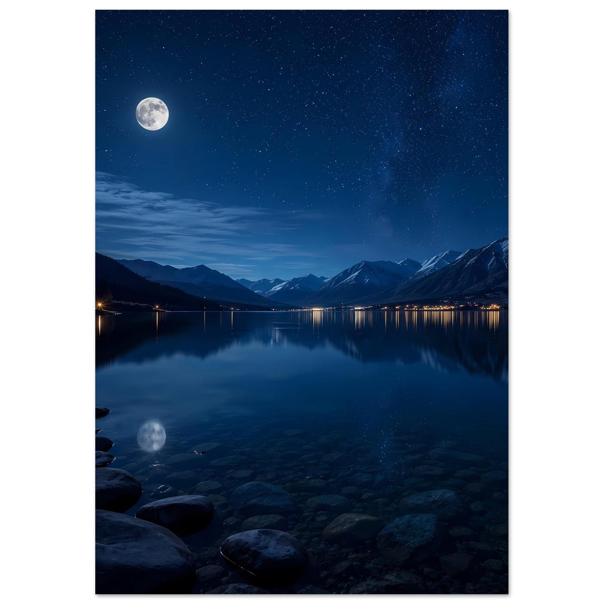 Poster: stiller Nachtsee mit Bergkette, Mond und Sternen; reflektiertes Licht am Ufer