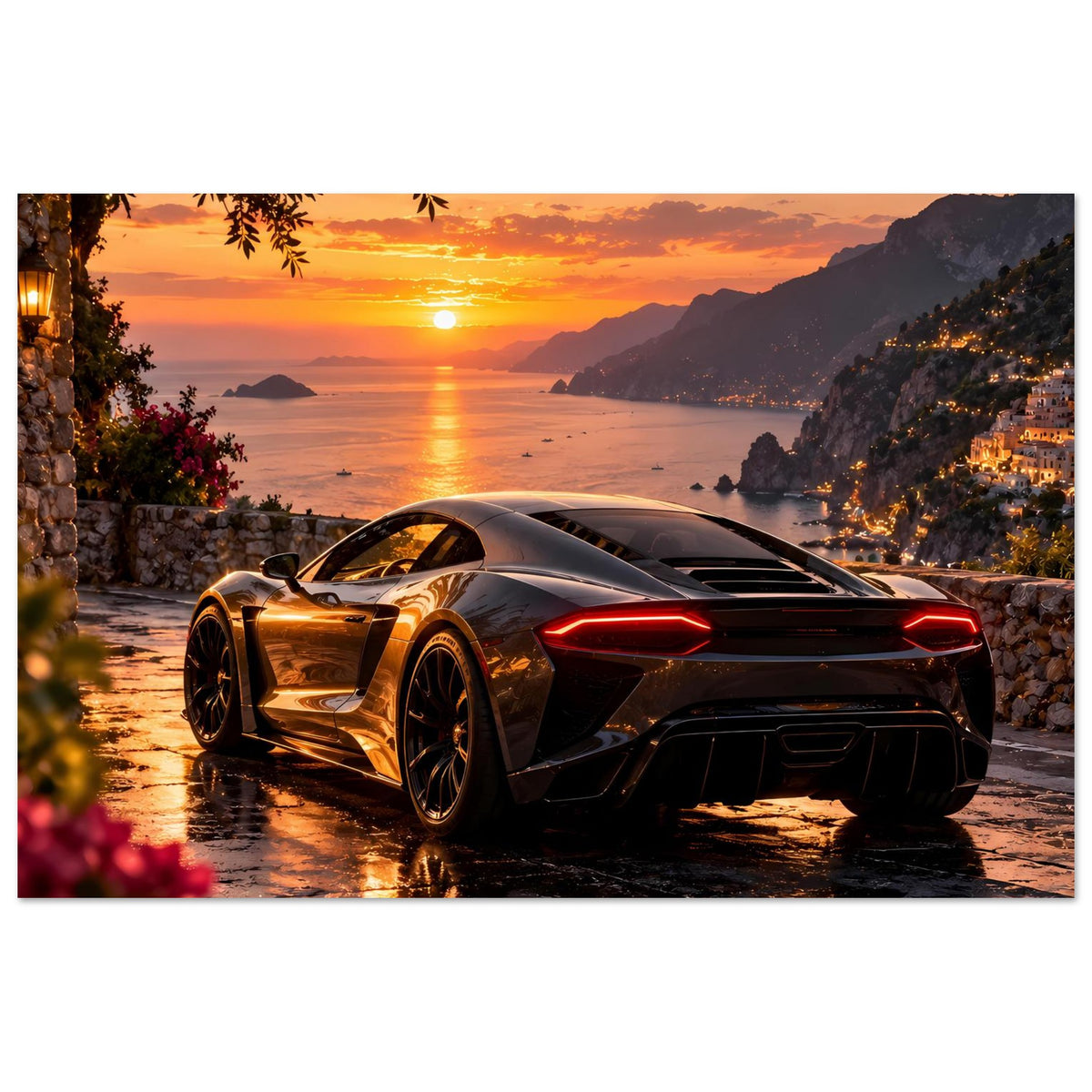 Luxus-Sportwagen-Sonnenuntergangs-Poster, Querformat: Supercar mit rotem Lichtstreifen bei Dämmerung