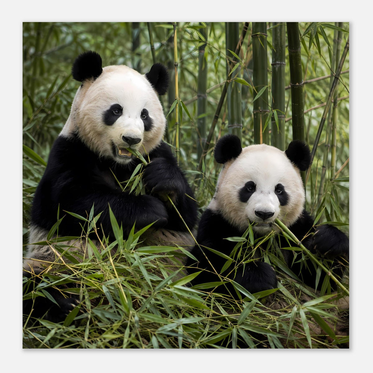 Duo-Poster: zwei Pandas im Bambus, rechte Vorderpanda zeigt ruhigen Blick