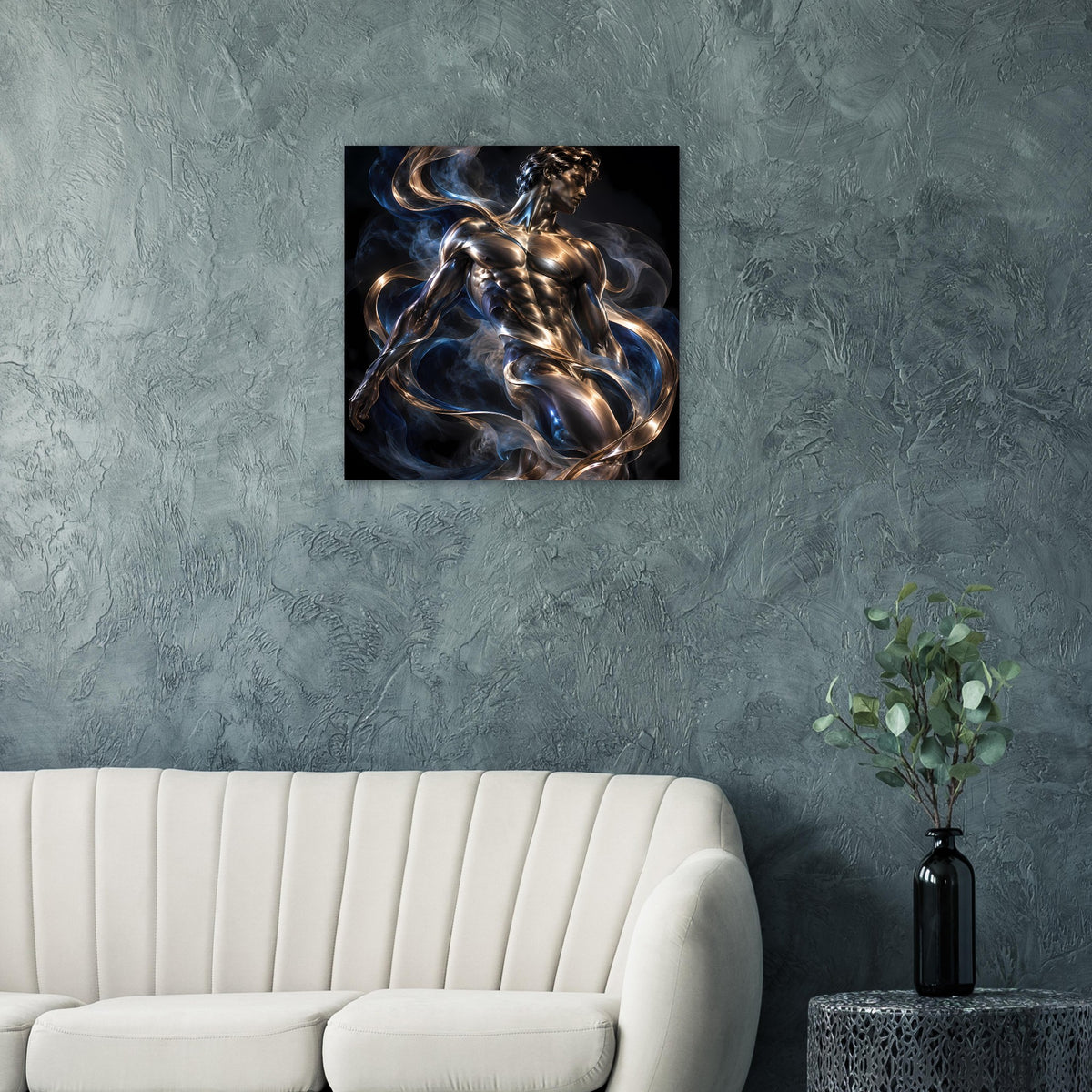 Quadratisches gerahmtes Poster mit silber-goldener Skulptur und blauem Schleier