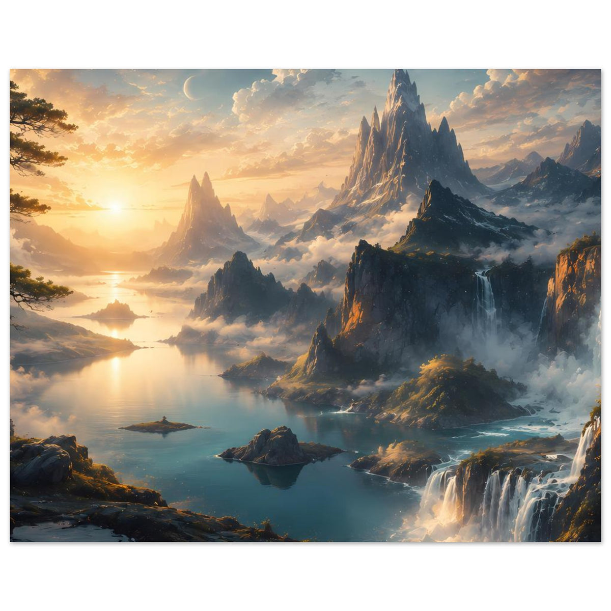 Landschafts-Poster im Hochformat: Sonnenaufgang, Felsen, See und Wasserfall rechts