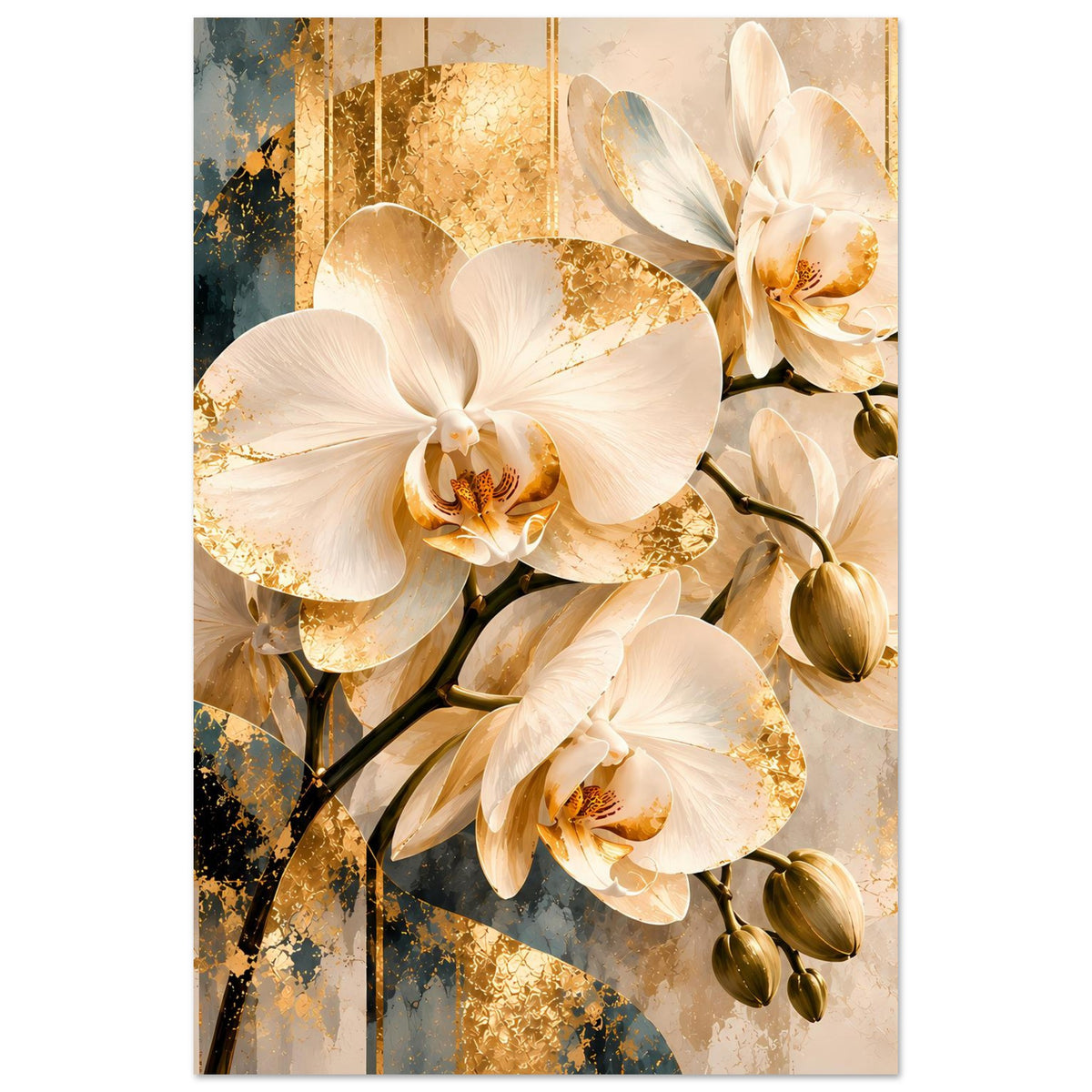 Orchideenposter mit weißen Blüten und goldenen Akzenten, dekoratives Wandbild mit Rahmen