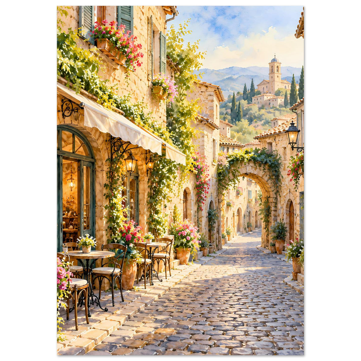 Poster einer mediterranen Dorfstraße mit Blumen, Steinbögen und Steinhäusern