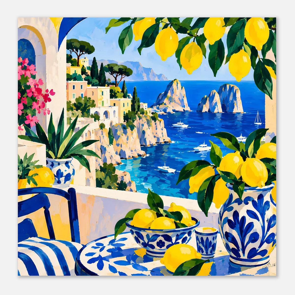 Mediterranes Poster mit Zitronen und blau-weißer Keramik, Küste, Meer und grüne Blätter