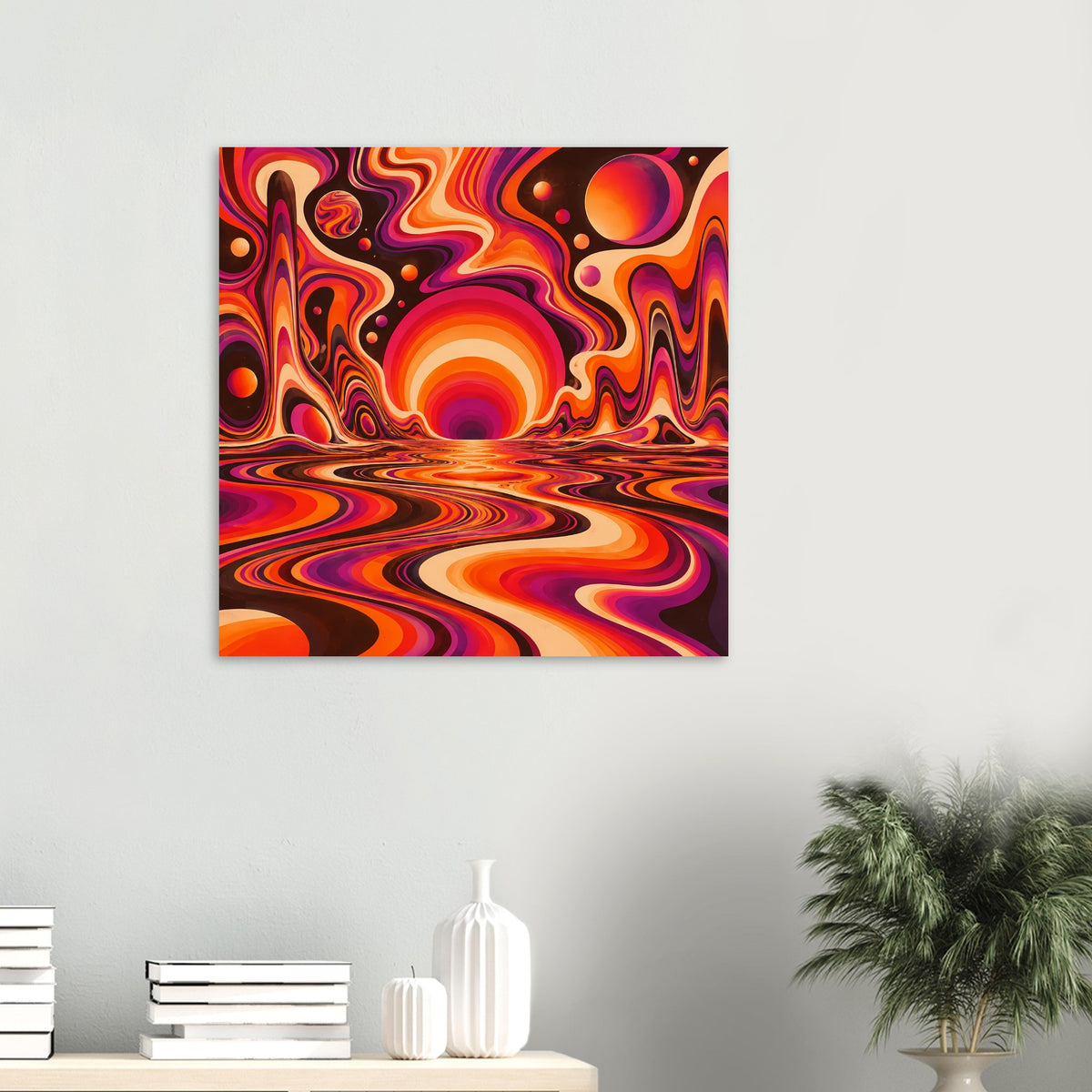 Quadratisches Poster an der Wand mit orangen-violetten Swirls, Kreis-Sonne und welligem Muster