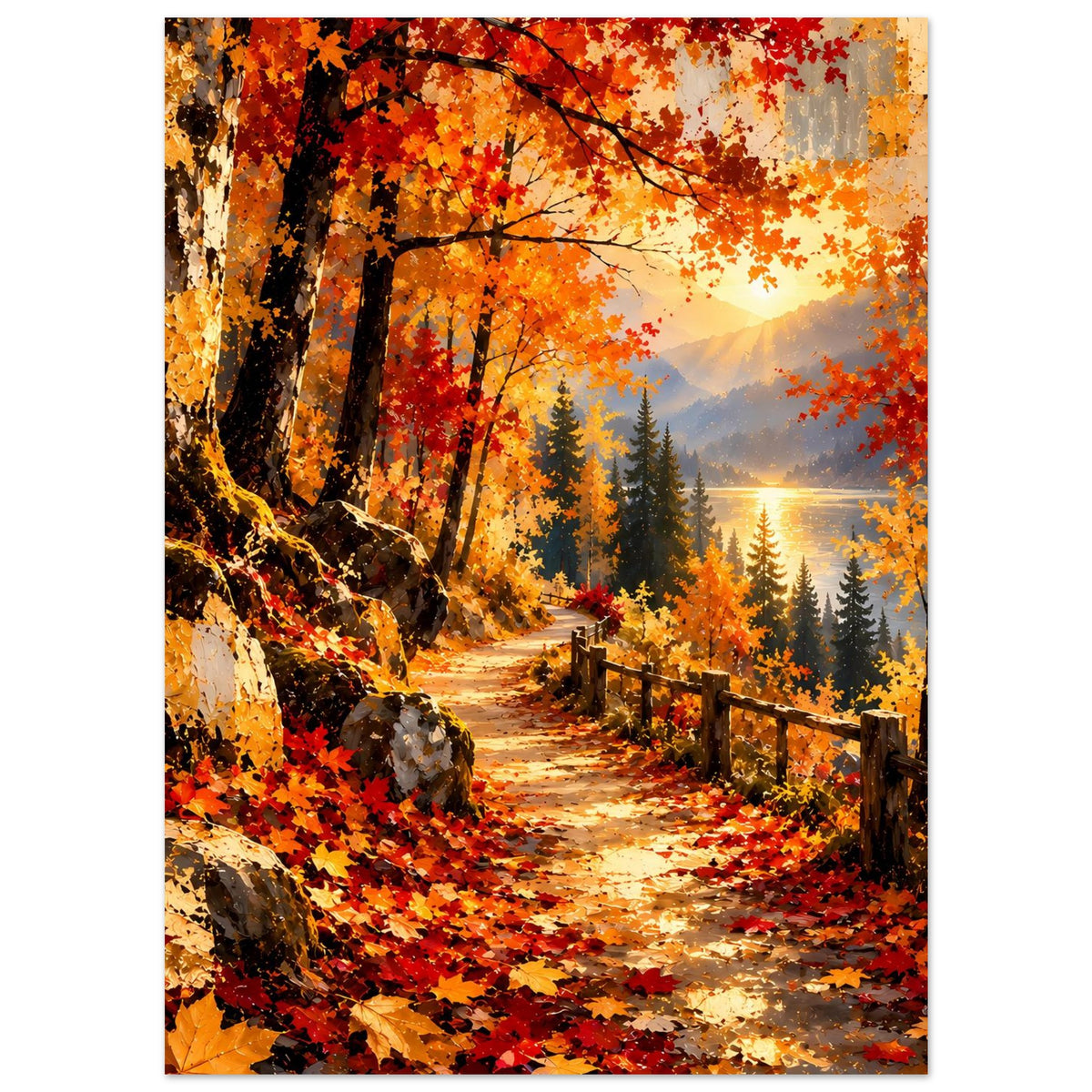 Hochformat-Poster: Herbstwanderweg zwischen Bäumen, Zaunlinie, orange-rote Blätter