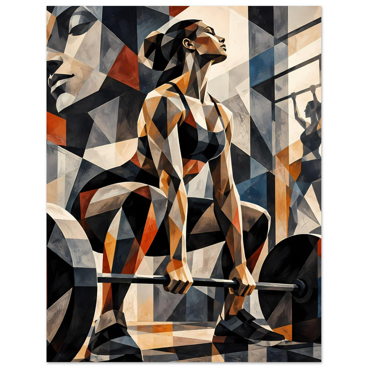 Fitness-Poster: geometrische Sportlerin in Seitenansicht hält eine Hantelstange, kräftige Farbflächen
