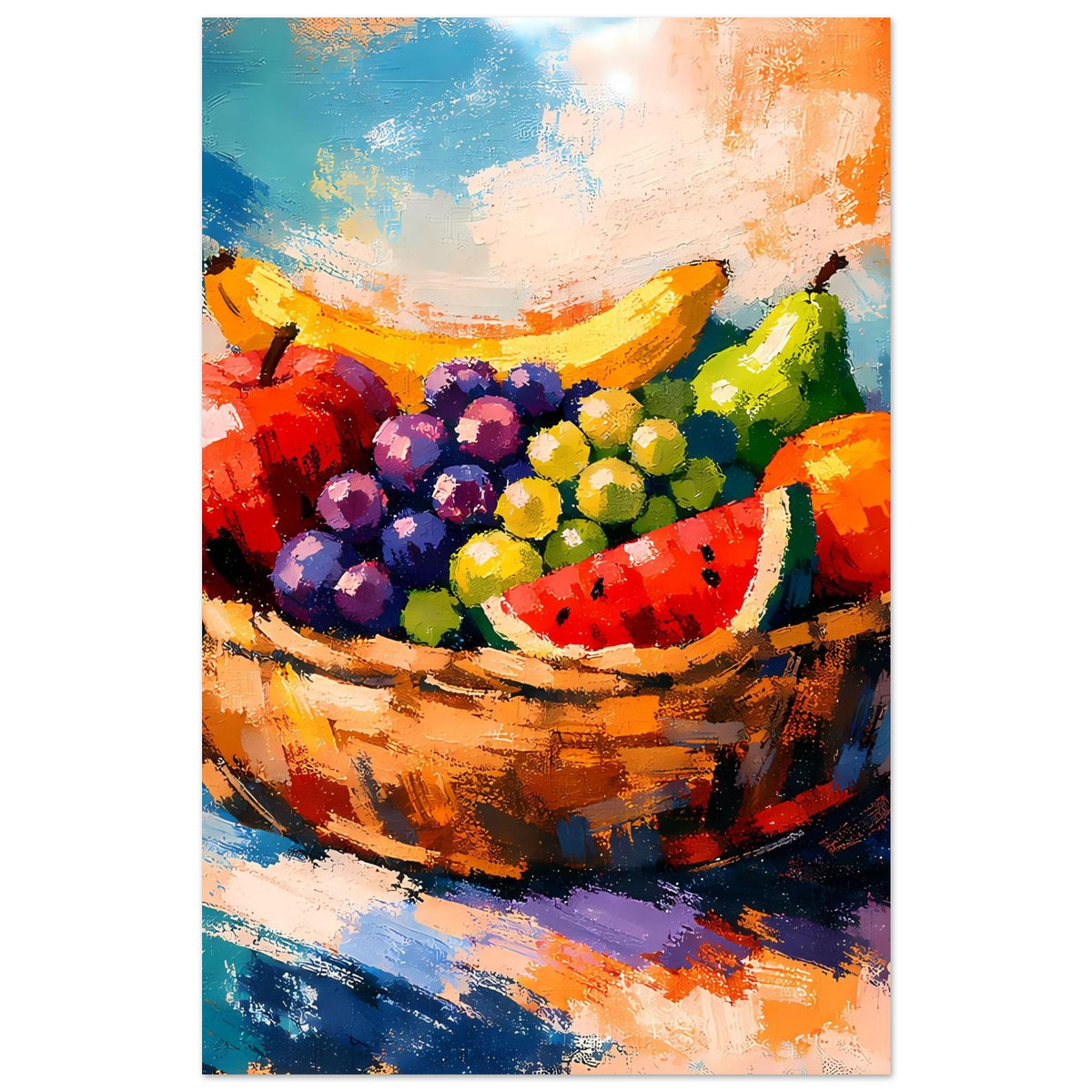 Hochkant-Poster: Früchtekorb mit bunten Beeren und Melonenstücken, kräftige Farben