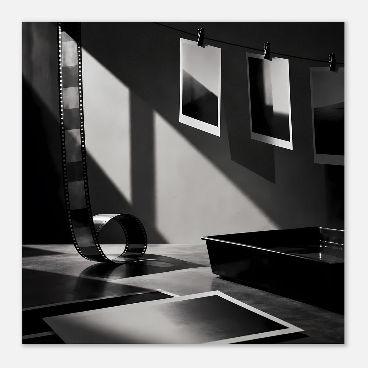 Schwarzweiß-Fotografie-Poster mit Filmstreifen, aufgehängten Abzügen und Entwicklungswanne mit Reflexion