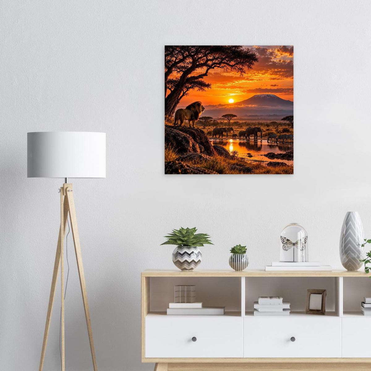Quadratisches Poster mit afrikanischer Safari-Szene, Elefanten, Fluss und Sonnenuntergang