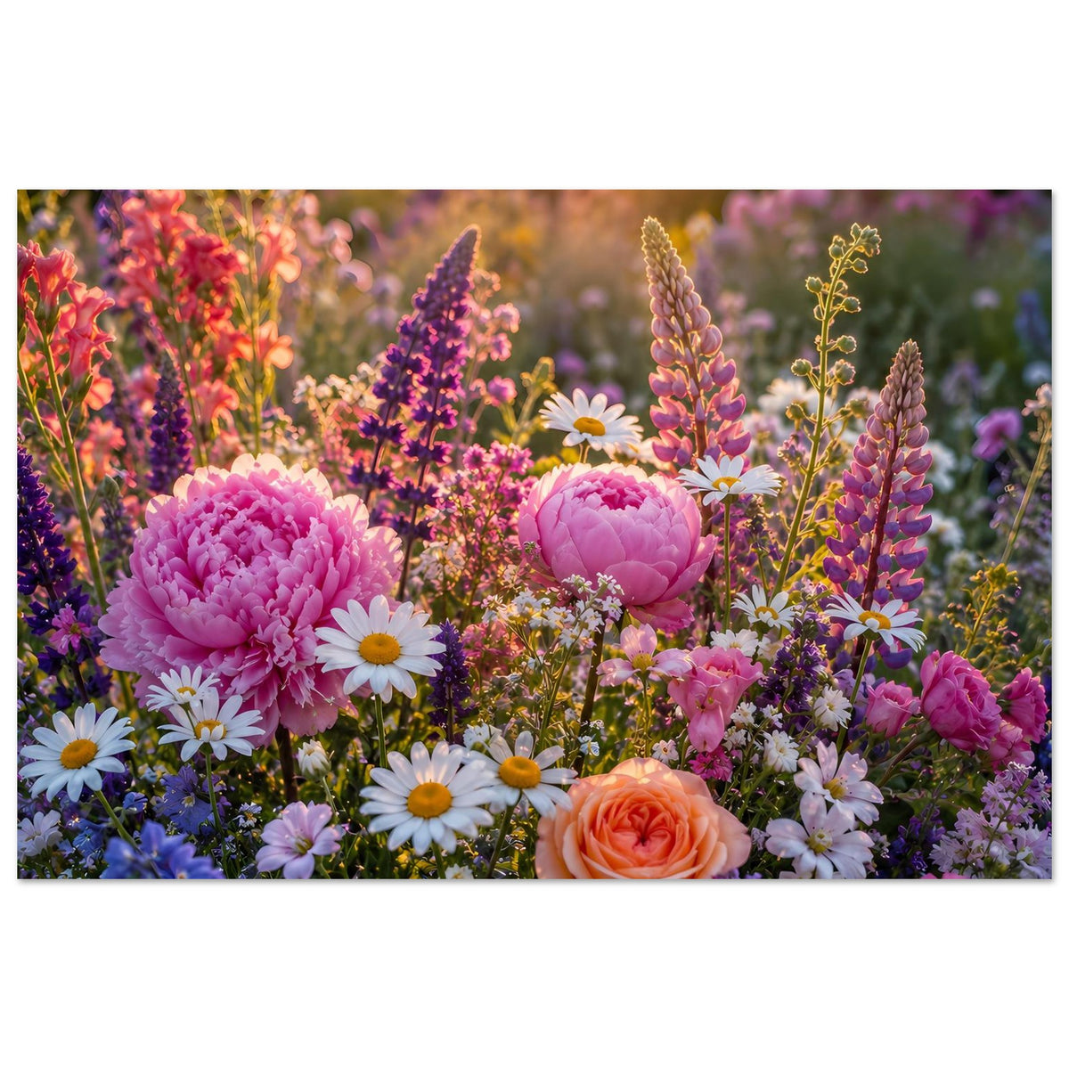 Blumenposter Querformat mit orangefarbener Rose und Pfingstrosen neben Gänseblümchen