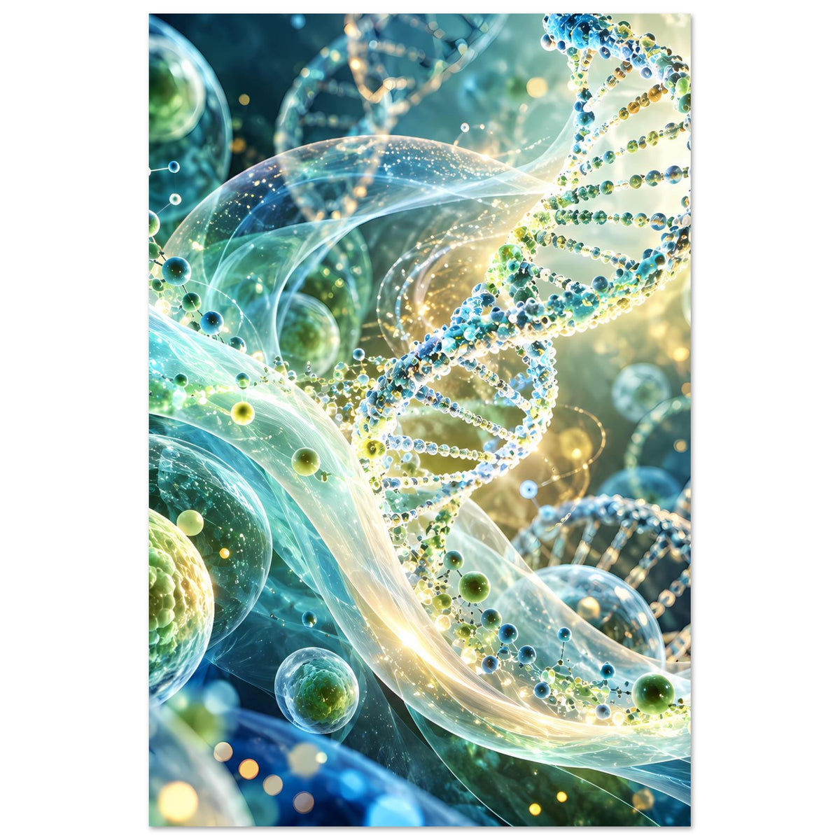 Hochkant-Poster mit leuchtender DNA-Doppelhelix, grünen Kugeln, blauen Punkten und hellen Linien